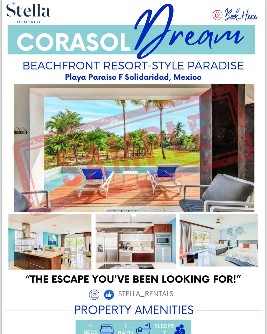 Stella Rentals Corasol Dream vacation-property marketing graphic for Playa del Carmen, Mexico