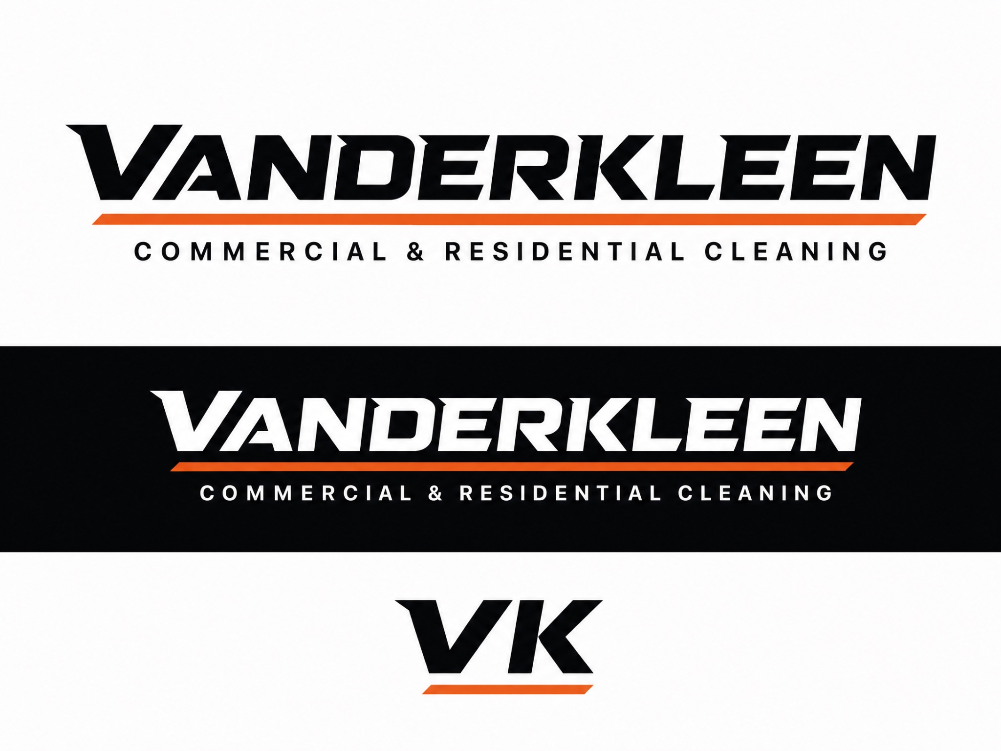 VanderKleen commercial and residential cleaning logo system in black, white, and orange